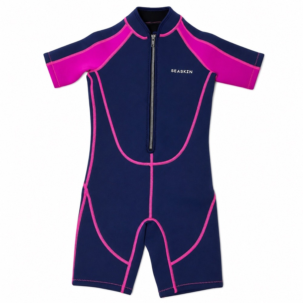 Seaskin Kids Shorty Wetsuit Girls Size 8 Navy Pink Neoprene Surf Swim Suit